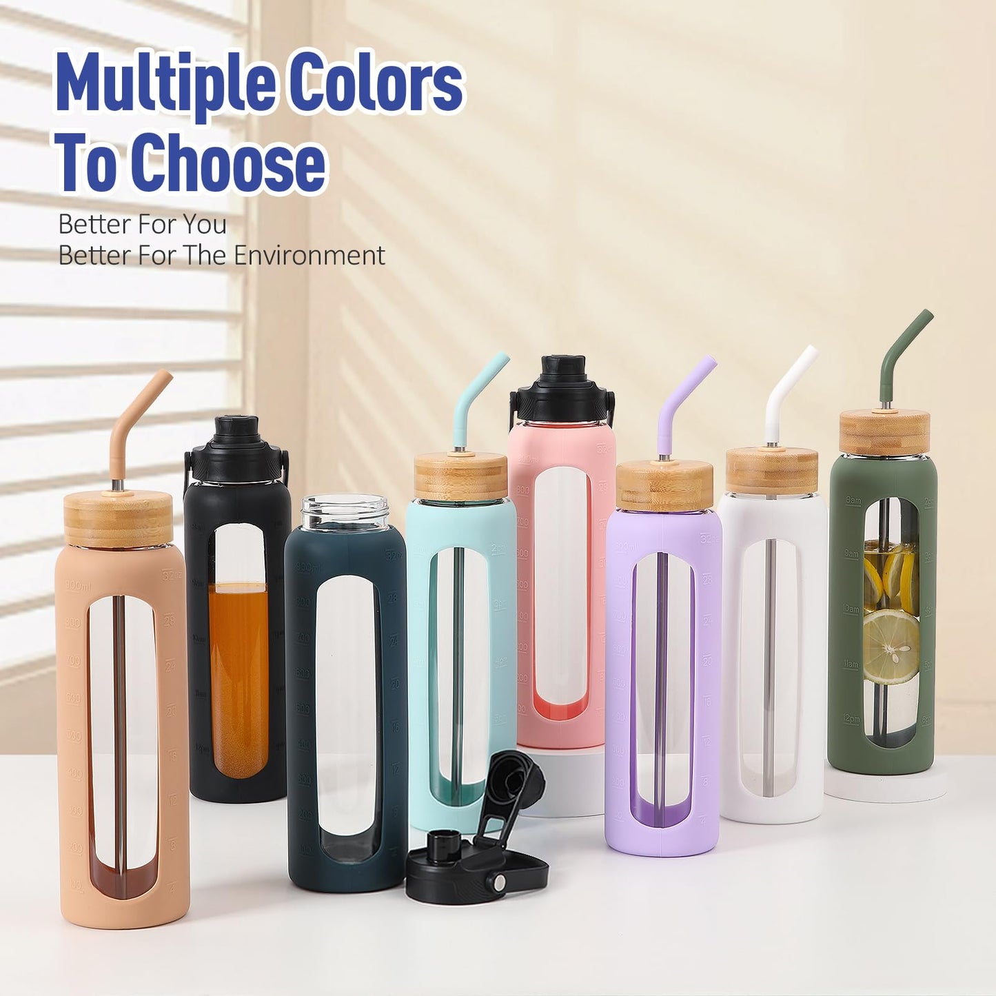 Kodrine 32oz Glass Water Bottle with Straw, Glass Drinking Bottle with 2 lids-Bamboo and Spout Lid, Leakproof Daily Water Intake Bottle with Time Marker for Home,Outdoor Sports, BPA free, White
