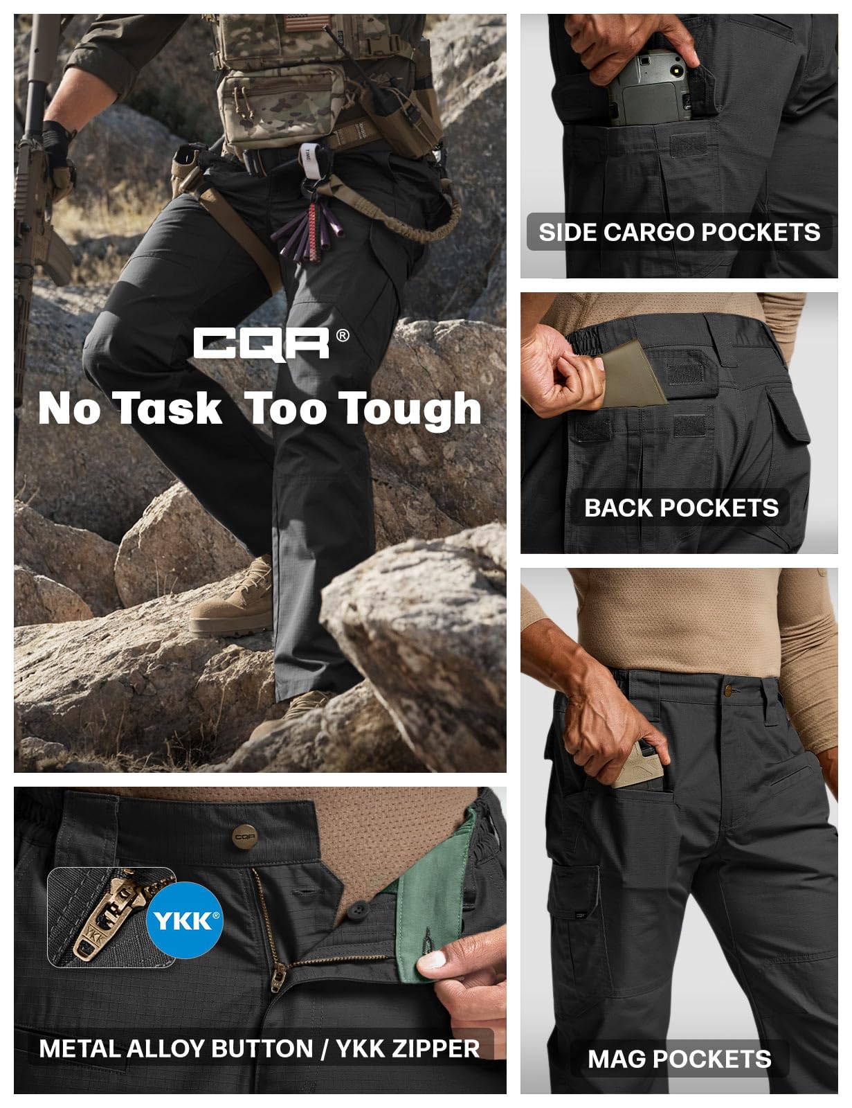CQR Men's Tactical Pants, Water Resistant Ripstop Cargo Pants, Lightweight EDC Work Hiking Pants, Outdoor Apparel, Raider Black, 36W x 30L