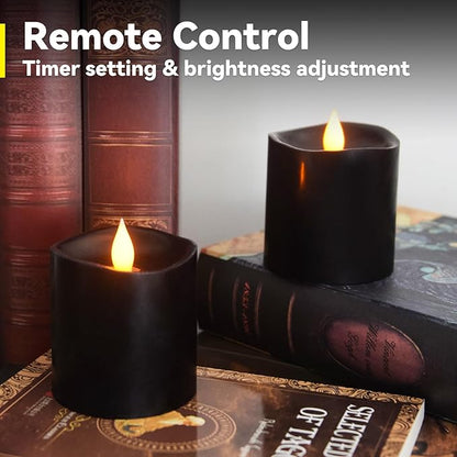 Black Flameless LED Candles, Black Battery Operated Candles with Remote Timer, 3"x3" Real Wax 2-Pack, 3D Flickering Flame Last 600+ Hours, Ideal for Halloween Christmas Gothic Home Decor