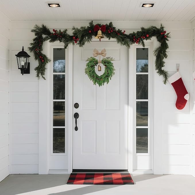 Christmas Wreath for Front Door, Heart-Shaped Holiday Wreath with Bell & Real Pine Cones, Artificial Green Leaves for Indoor & Outdoor Wall Decor, Garden Party Decoration (20 inches)