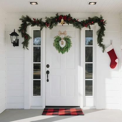 Christmas Wreath for Front Door, Heart-Shaped Holiday Wreath with Bell & Real Pine Cones, Artificial Green Leaves for Indoor & Outdoor Wall Decor, Garden Party Decoration (20 inches)