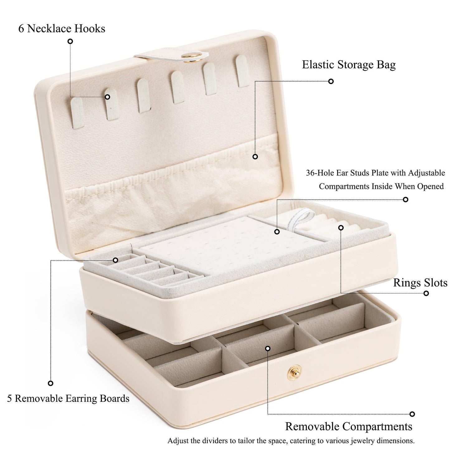 MODENGKONGJIAN Jewelry Organizer Box, 2-Layer Large Jewelry Storage Case, Portable Travel Jewelrys Display Holder for Earrings, Necklaces, Bracelets (Beige, PU Leather)