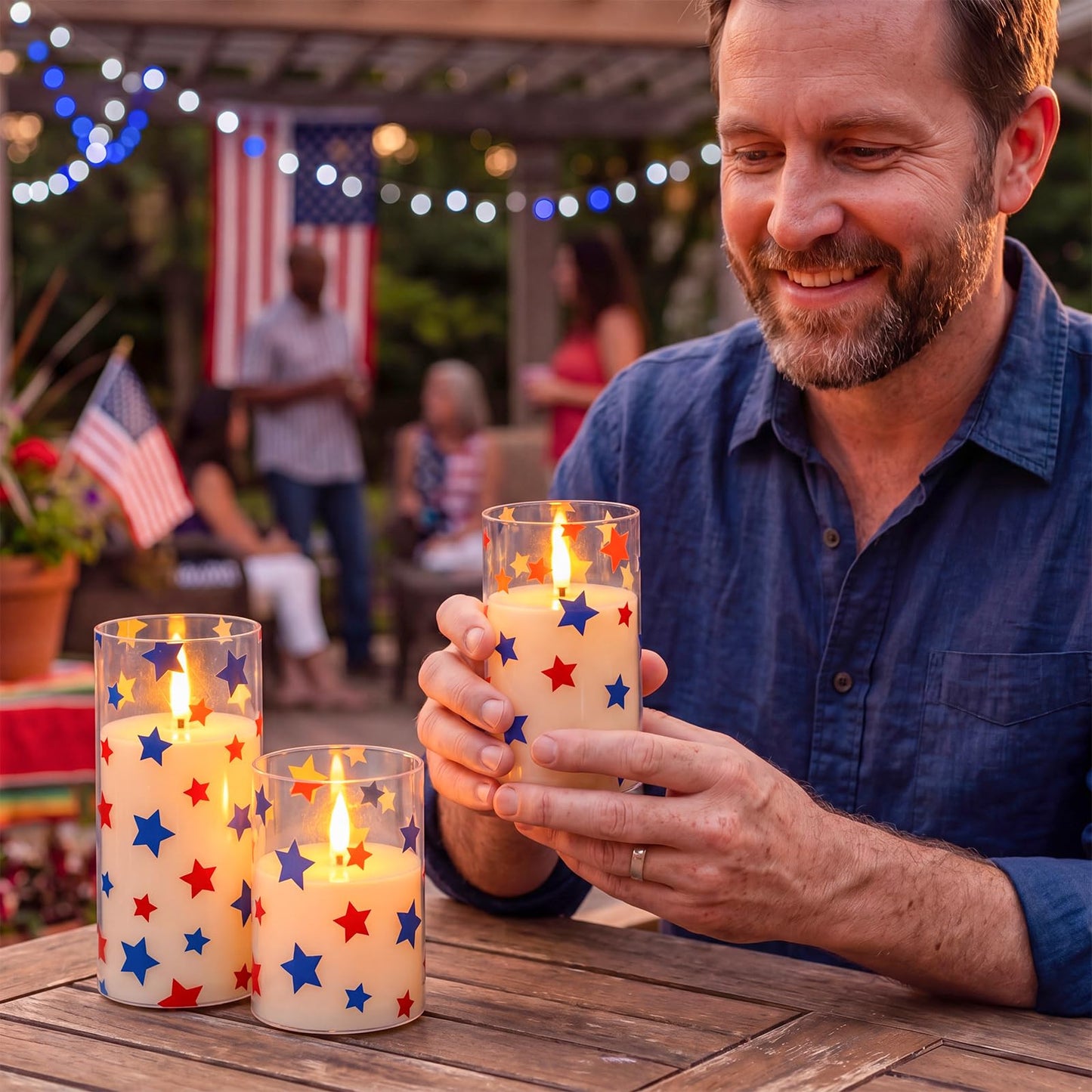 Blosssound 3 Pack 4th of July Flameless Candles Battery Operated Independence Day Stars in Blue Red Flameless Flickering Candles LED for Gifts Home 250th Patriotic Holiday 4th of July Table Decoration