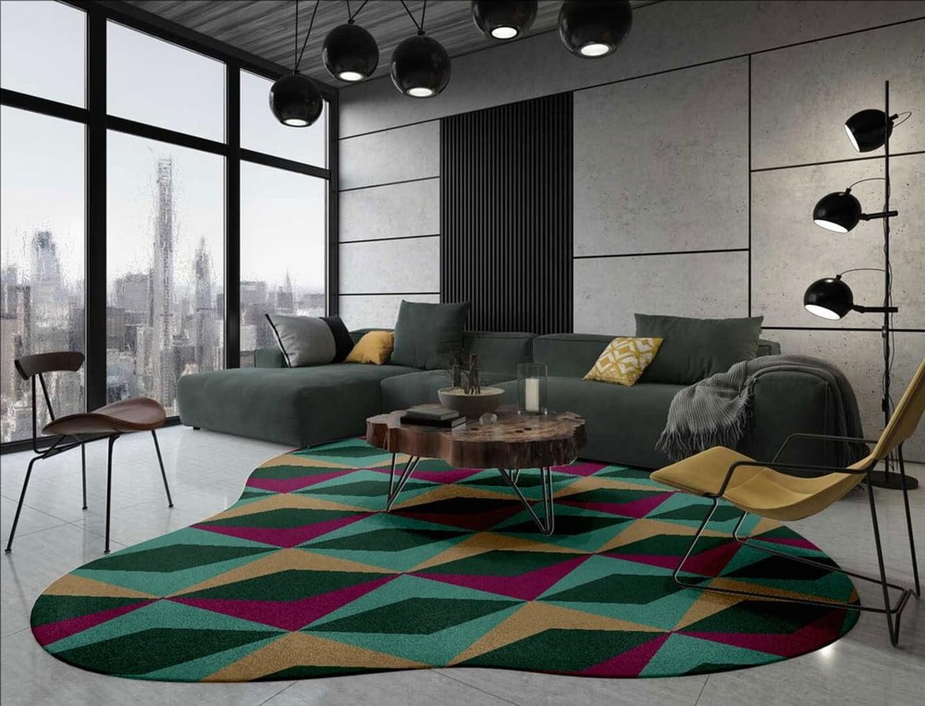 Irregular Shaped Area Rug Dark Green Tea Beige Diamond Geometric Pattern Non-Slip Washable Rug for Living Room Bedroom Home Office Minimalist Mid Century Modern Turkish Soft Indoor Floor Carpet 3ft