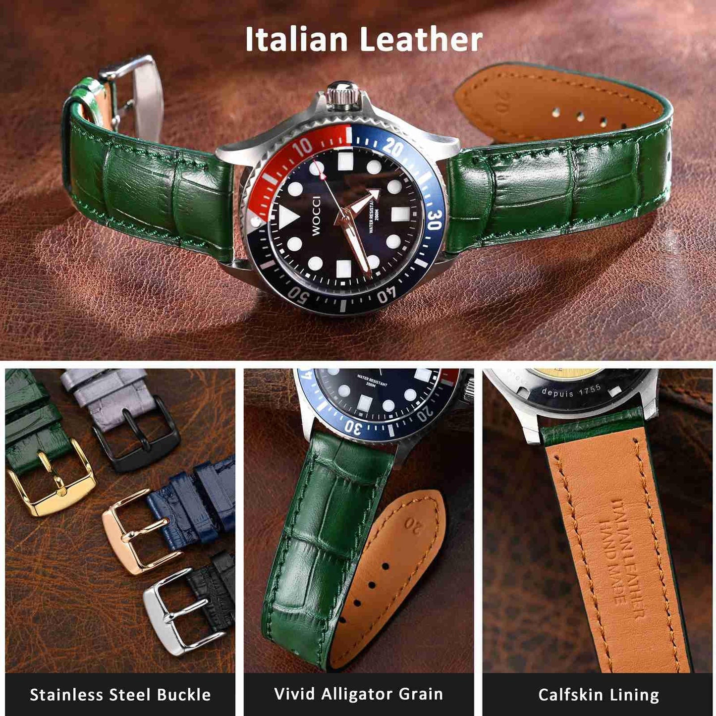 WOCCI 18mm Watch Band, Italian Leather, Embossed Alligator Grain, Gold Buckle (Dark Green)