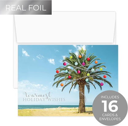 Canopy Street Masterpiece Decorated Palm Cards / 16 Tropical Beach Holiday Card Set With White Envelopes / 5 5/8" x 7 7/8" Warm Weather Coastal Vacation Greeting Cards With Inside Verse