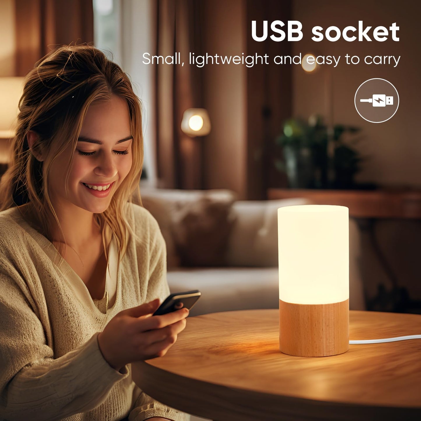 YIEONSHION Creative Wooden LED Desk Lamp, Dimmable Bedside Night Light for Bedroom, Warm Ambient Lighting Table Lamp, Modern Home Décor Accent Light, Unique Housewarming Gift