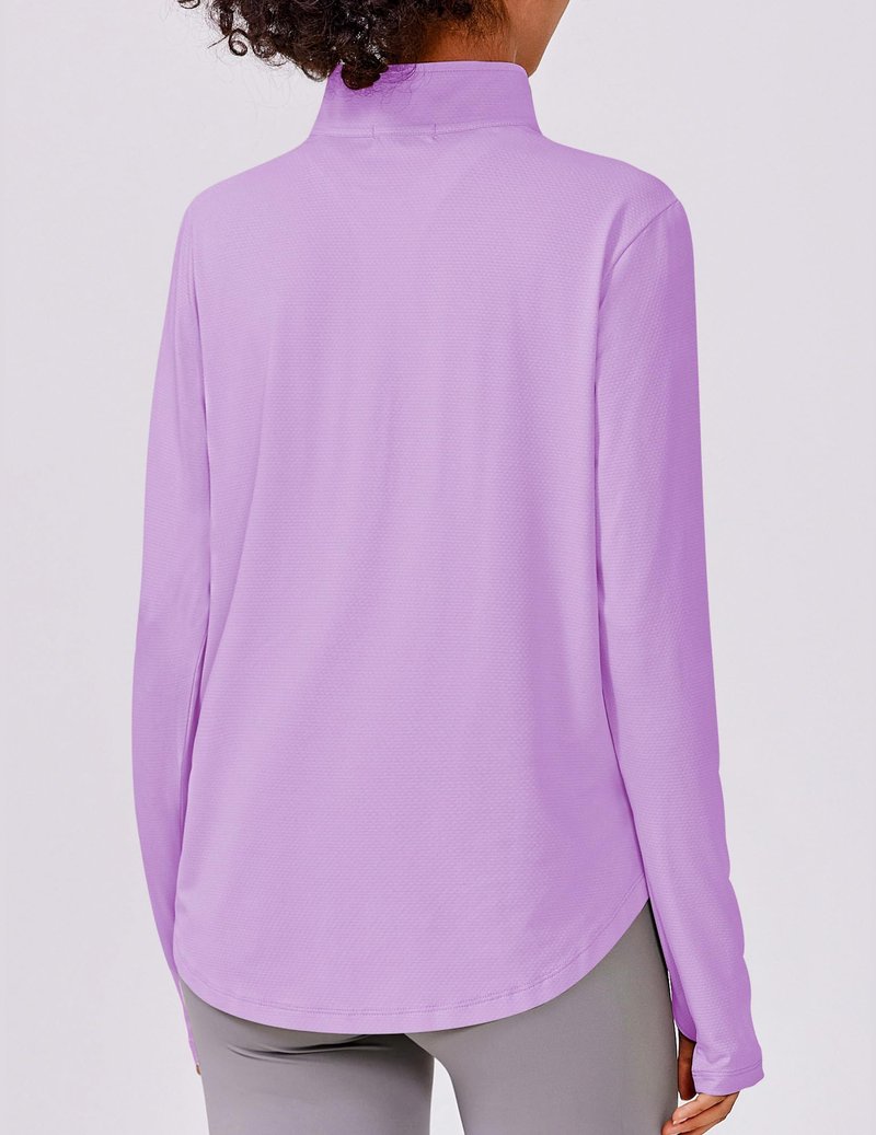 PINSPARK Women Long Sleeve Shirts Sun Protection Half Zip Hiking Clothes Lightweight Athletic Tops Moisture Wicking Running Shirts with Thumb Hole,Purple M