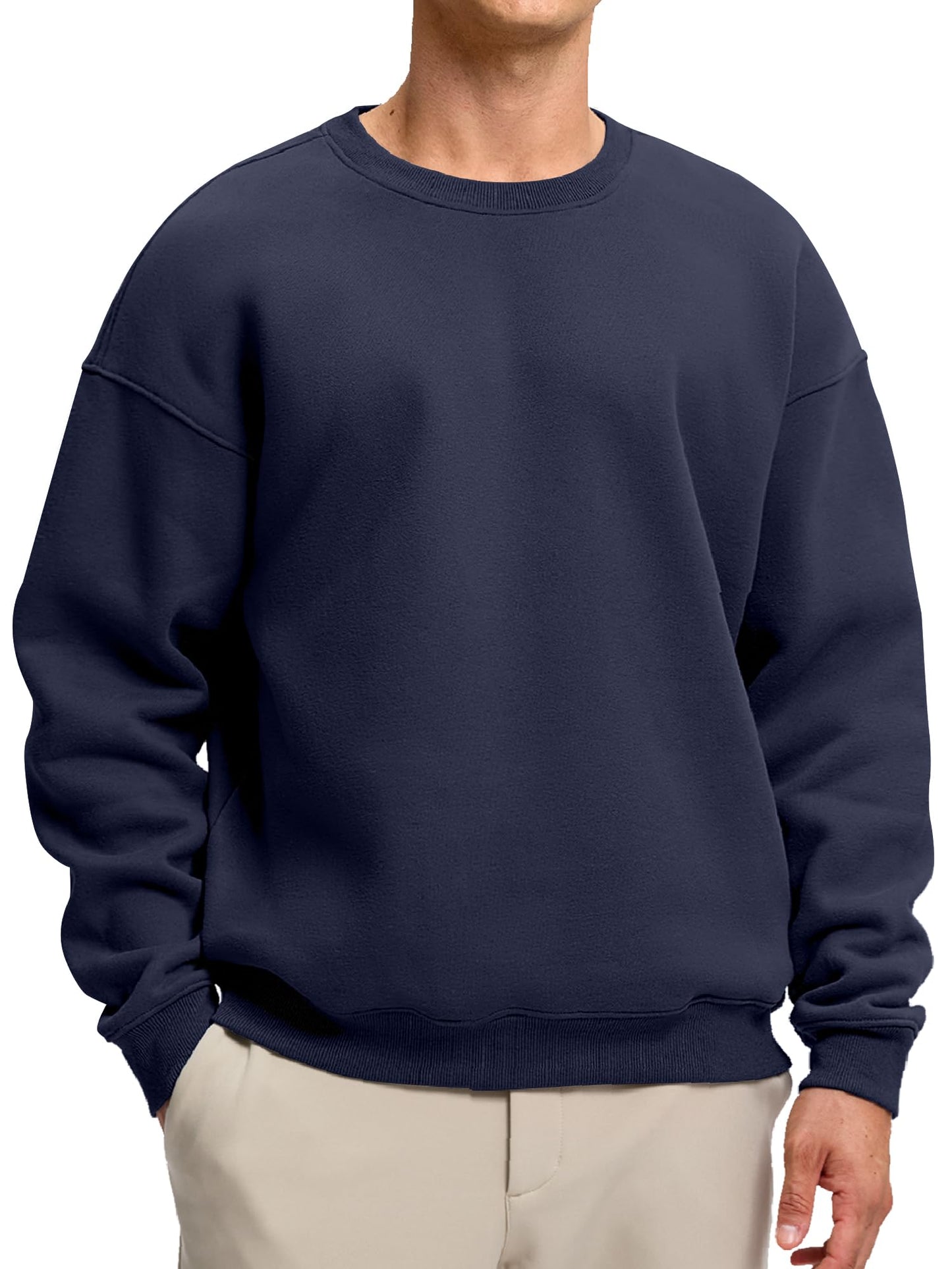 Soothfeel Mens Fleece Lined Crewneck Sweatshirt Cotton Pullover Sweater Athletic Workout Casual Oversized Warm Shirts for Men Navy M