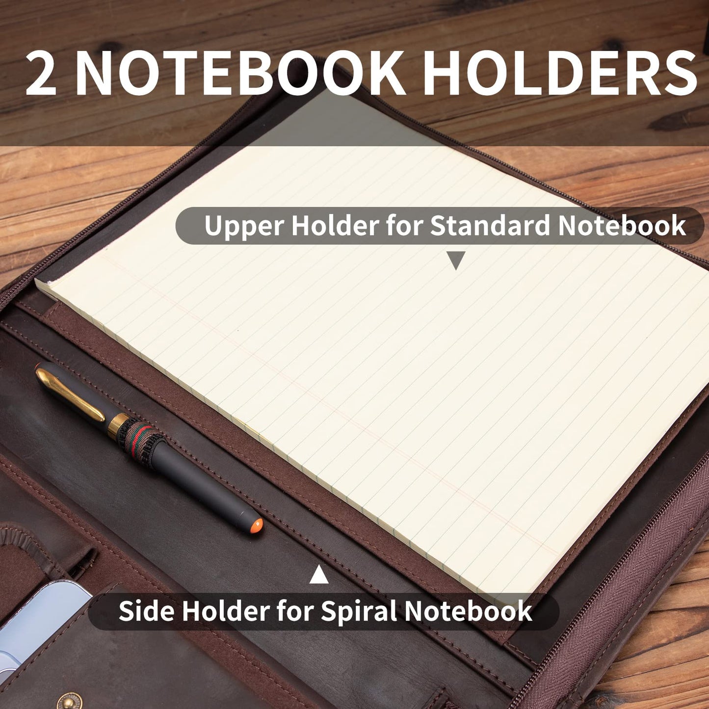 Geslun Genuine Leather Portfolio with Front Pocket for Men and Women, Zippered Padfolio Binder 8.5 x 11 Legal Pad Notebook Holder, Fits 13” Laptop, Professional Work File Case, Dark Brown