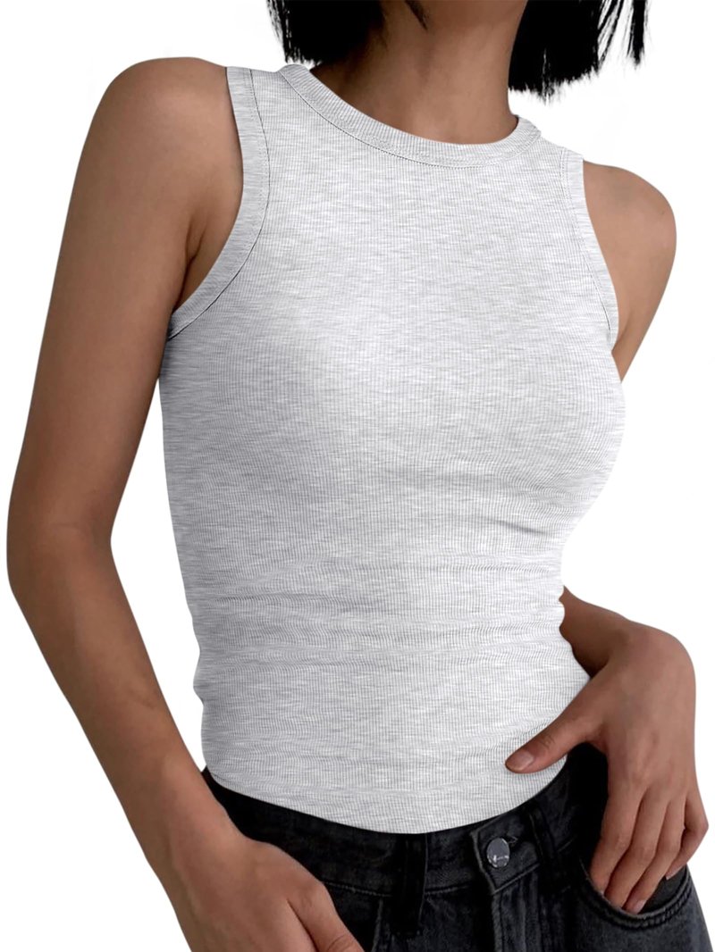 ANRABESS Womens Sleeveless High Neck Tank Tops Fashion Summer Casual Basic Slim Fit Ribbed Racerback Top Shirt Clothes Light Gray Large
