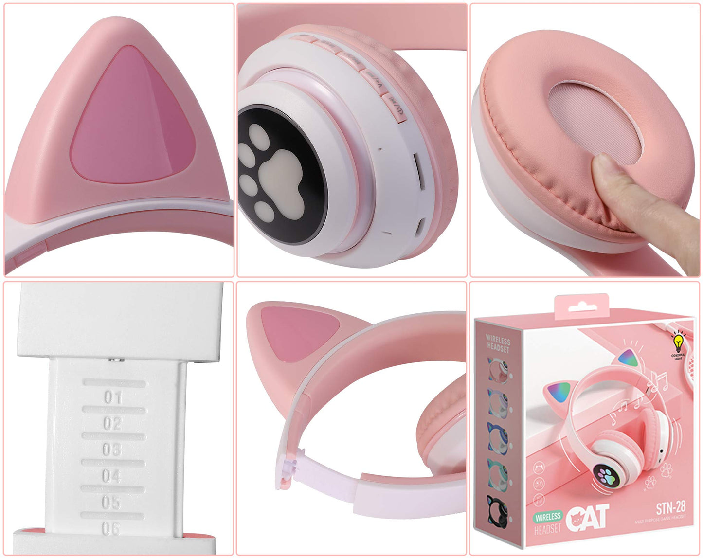 TCJJ Bluetooth 6.0 Cat Ear Kids Headphones for Girls, LED Light Up, 85dB Safe Volume Limit, Stereo Sound Toddler Foldable Wireless & 3.5mm Wired Headset with Mic for School, Tablet, Travel