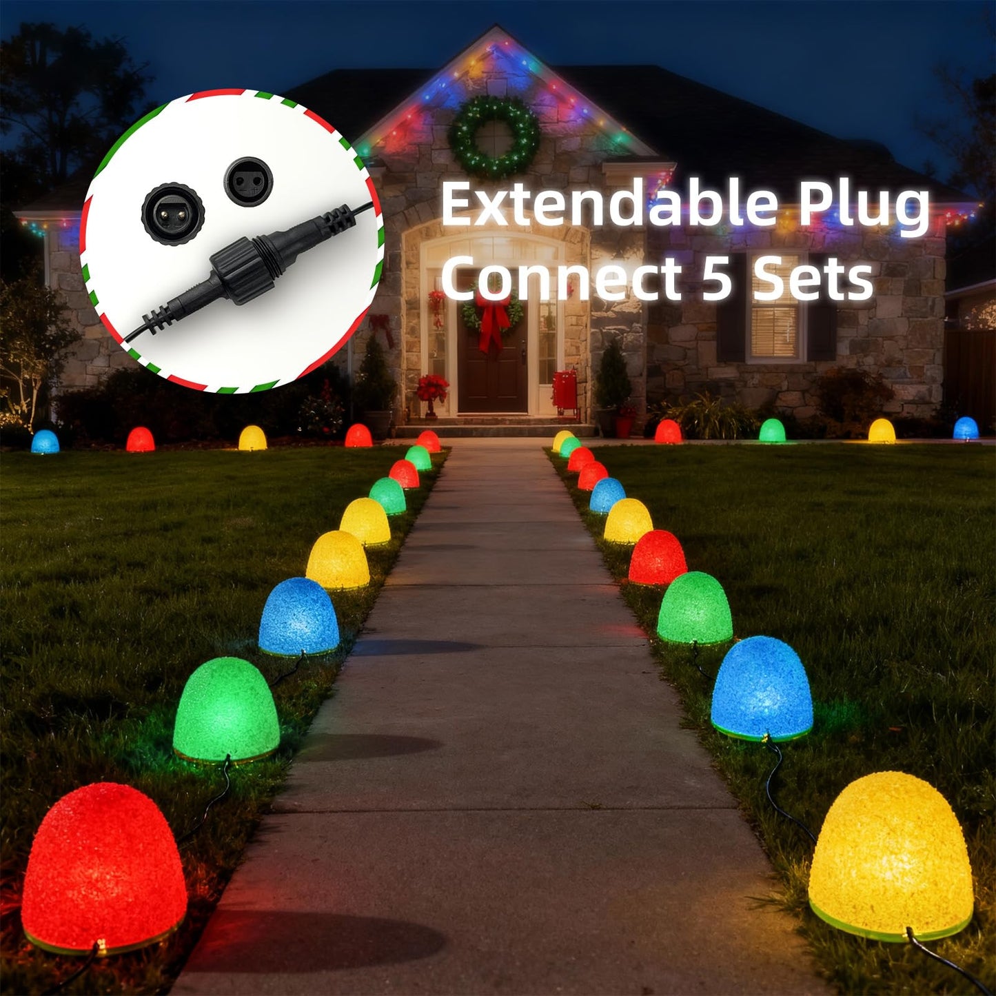 Illuminated Gumdrop Christmas Pathway Lights Outdoor Decorations, Connectable 4Pcs Light Up Gum Drop with Timer for Yard, Cute Holiday Christmas Outside Decor for Porch,Walkway, Gingerbread Theme