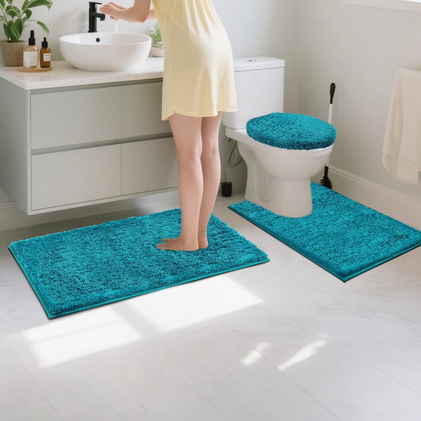 Baahrnom Bathroom Rugs Sets 3 Piece with Adjustable Toilet Seat Cover 17.5"x 15" Machine Washable Bath Rug Set with TPR Non Slip Rubber Backing Solid Bath Mat Set for Luxury Bathroom Decoration