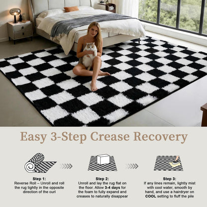 ThreadGlobe Checkered Shag Area Rug 8'x10', Black and White Plush Rug for Living Room, Non-Slip Soft Carpet for Bedroom Nursery, Modern Floor Decor with Grid Pattern, 8x10