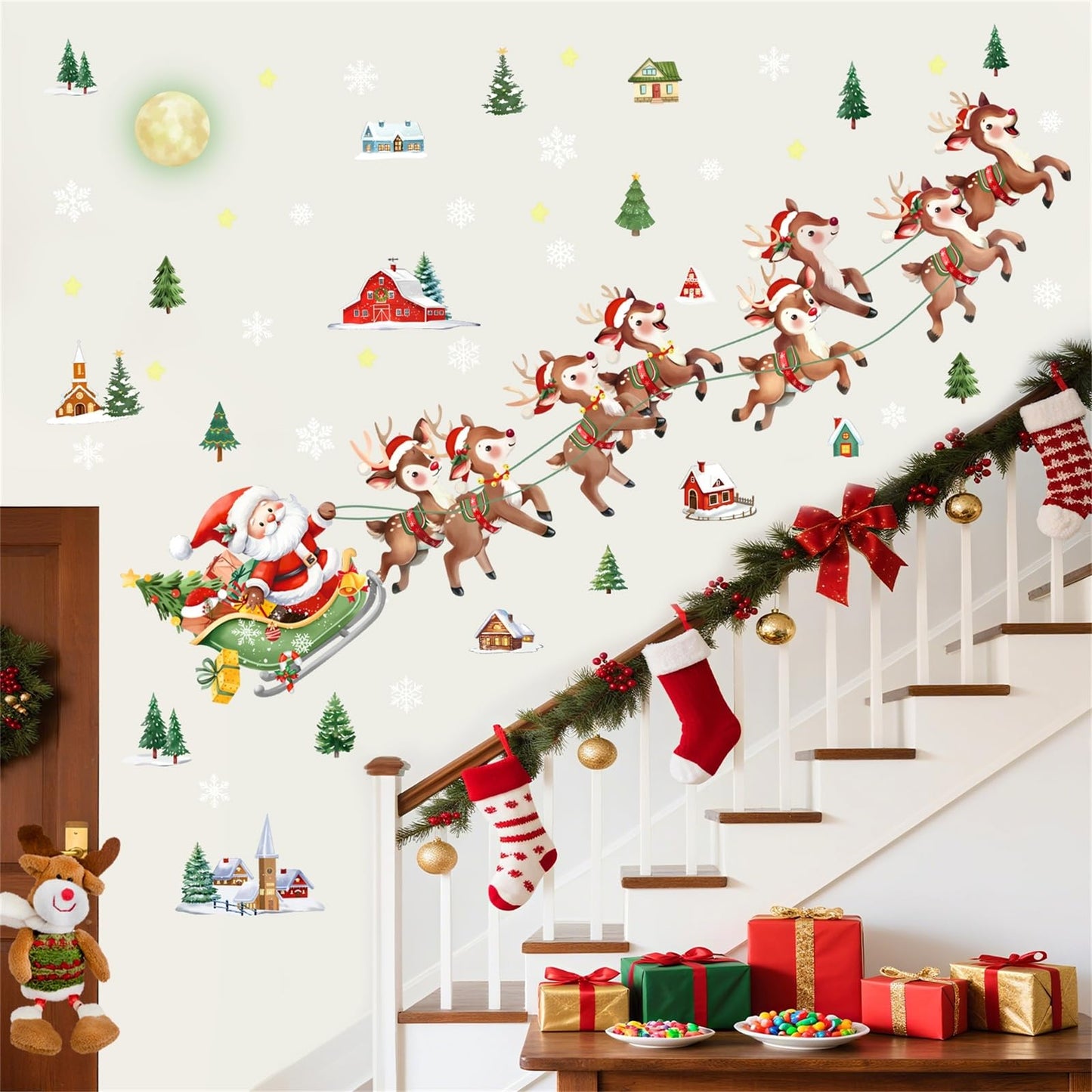 decalmile Christmas Santa Claus Reindeer Window Wall Decals Winter Xmas Tree Wall Stickers Snowflake House Window Clings Christmas Party Window Showcase Door Decorations