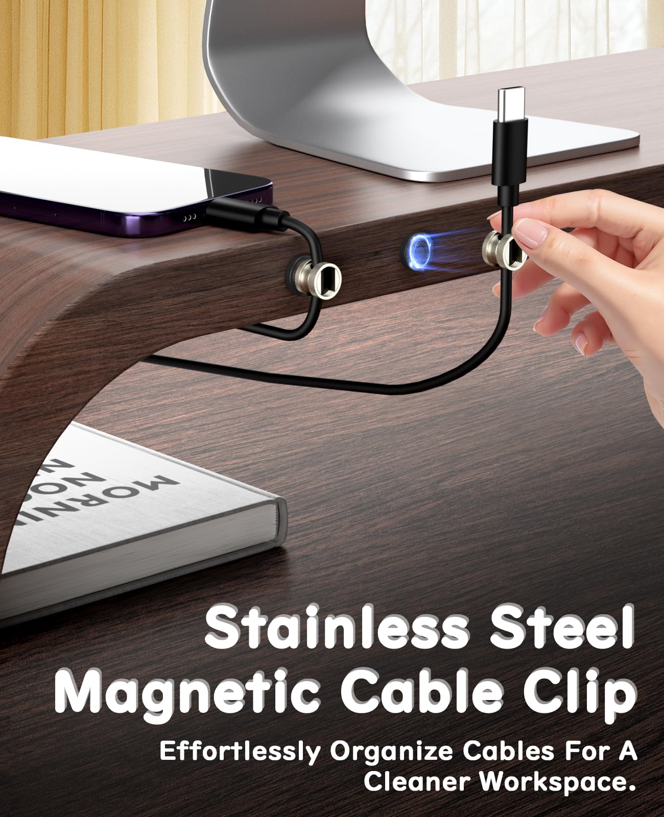 Maveek Magnetic Cable Holder Clips 6 Pack, Stainless Steel Magnet Cord Organizer Adjustable Wire Management For USB Charging Wires, Desk Office Car Dash Cam