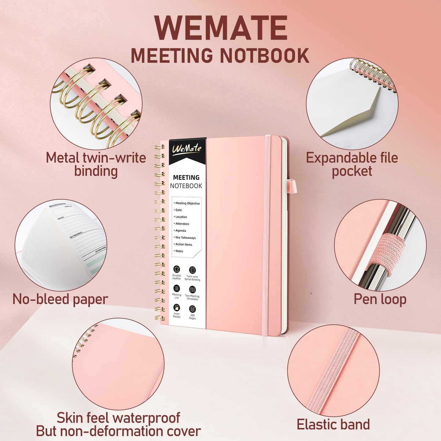 WEMATE Meeting Notebook for Work B5 (7"x10") - PU Leather Work Notebook with Agenda, Action Items & Notes - 200 Pages for Men&Women, Staff and Students, Meeting, Projects Planning -Rose Gold