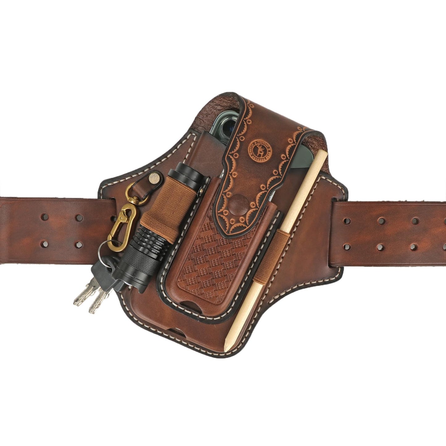 Tourbon Leather Cell Phone Holster Pouch Case Tool Multitool Sheath Flashlight Slot Holder & Keychain Clip with Magnetic Closure for Belt (Brown)