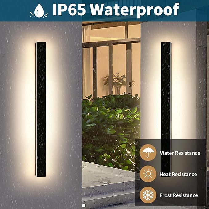 2 Pack Long Linear Outdoor Wall Light, 57inch LED Modern Wall Sconce, 3 Color 3000K/4500K/6000K, 50W, IP65 Waterproof, Exterior Porch Lighting Fixture for House, Garden, Garage