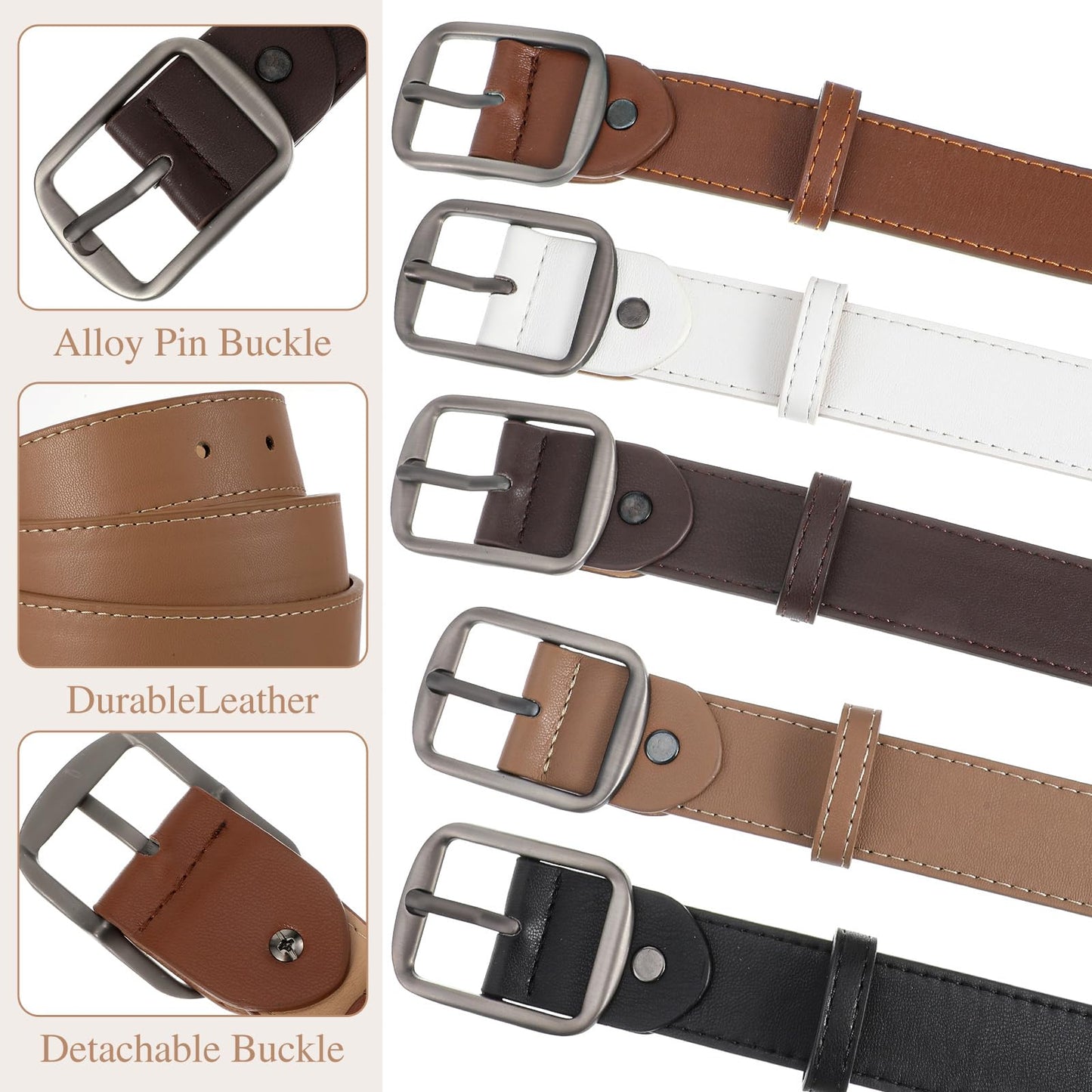 Douaowoc 5 Pack Women Leather Belts for Jeans Ladies Waist Belt Women's Belt with Pin Buckle with Slive Buckle for Pants Dress