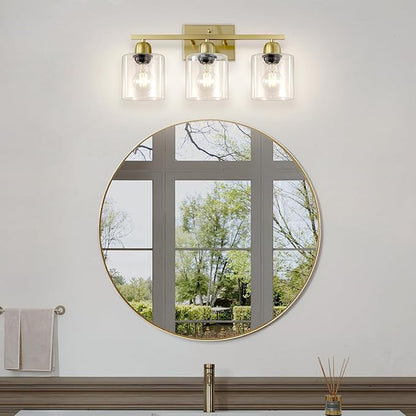 Modern Brushed Gold 3 Light Bathroom Light Fixtures, 19 inch Vanity Lights for Bathroom with Clear Glass for Mirror Kitchen Living Room Hallway Cabinet Porch