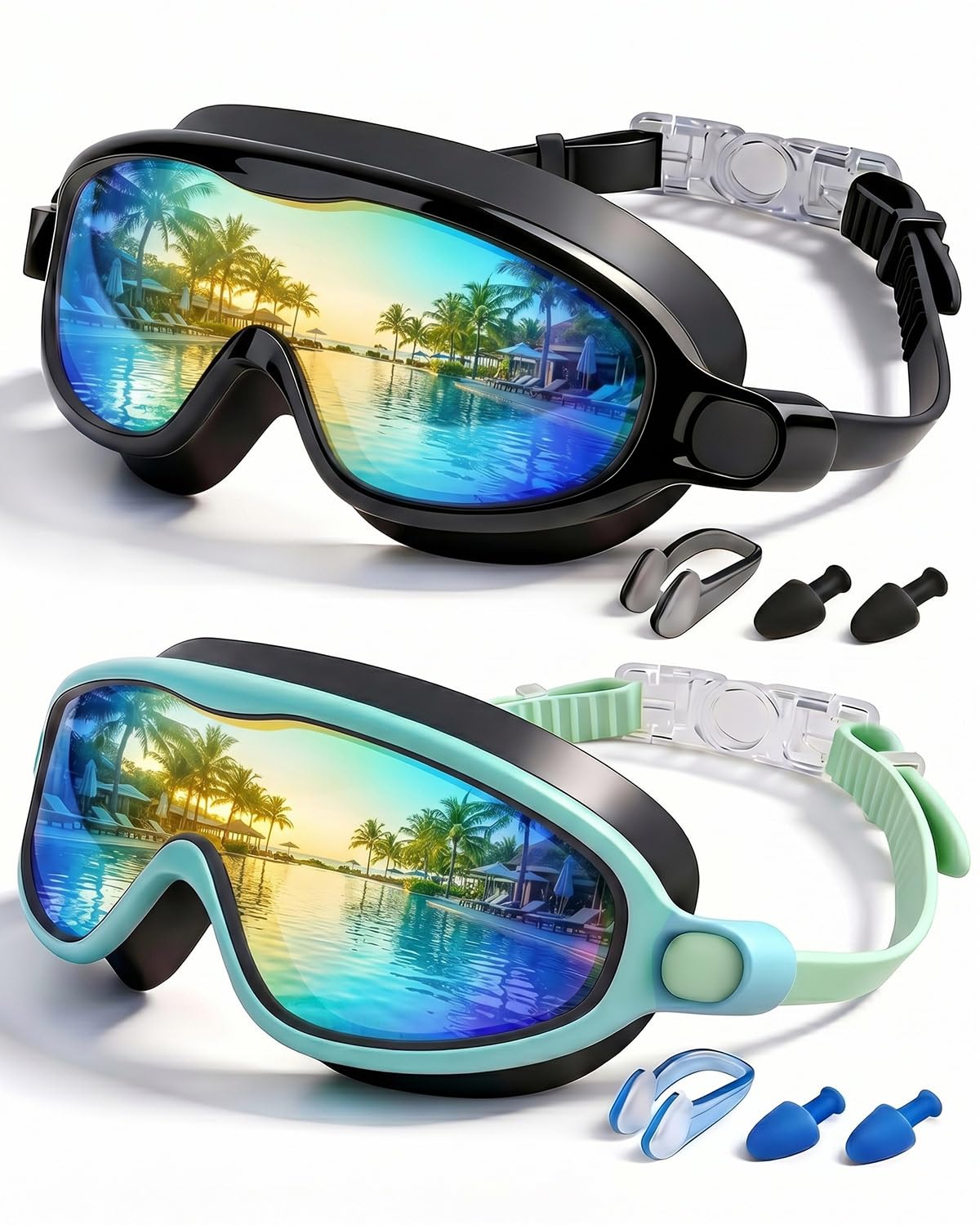 Rantizon Kids Swimming Goggles 2 Pack, Anti Fog&UV Swim Goggles for Boys Girls, No Leak Pool Beach Essentials for kid 3-14 (Black Aqua & Green Aqua)