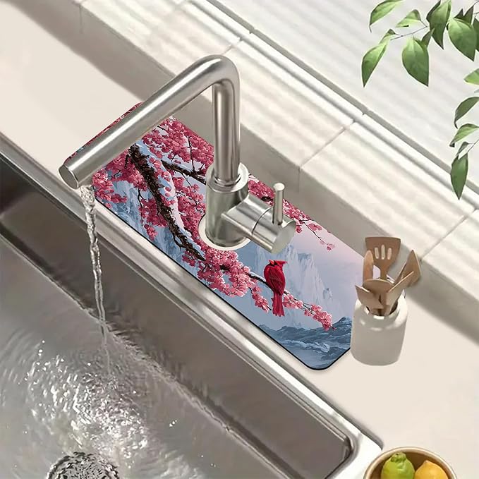 Christmas Welcome Winter Sink Faucet Absorbing Mat Cardinal Bird Super