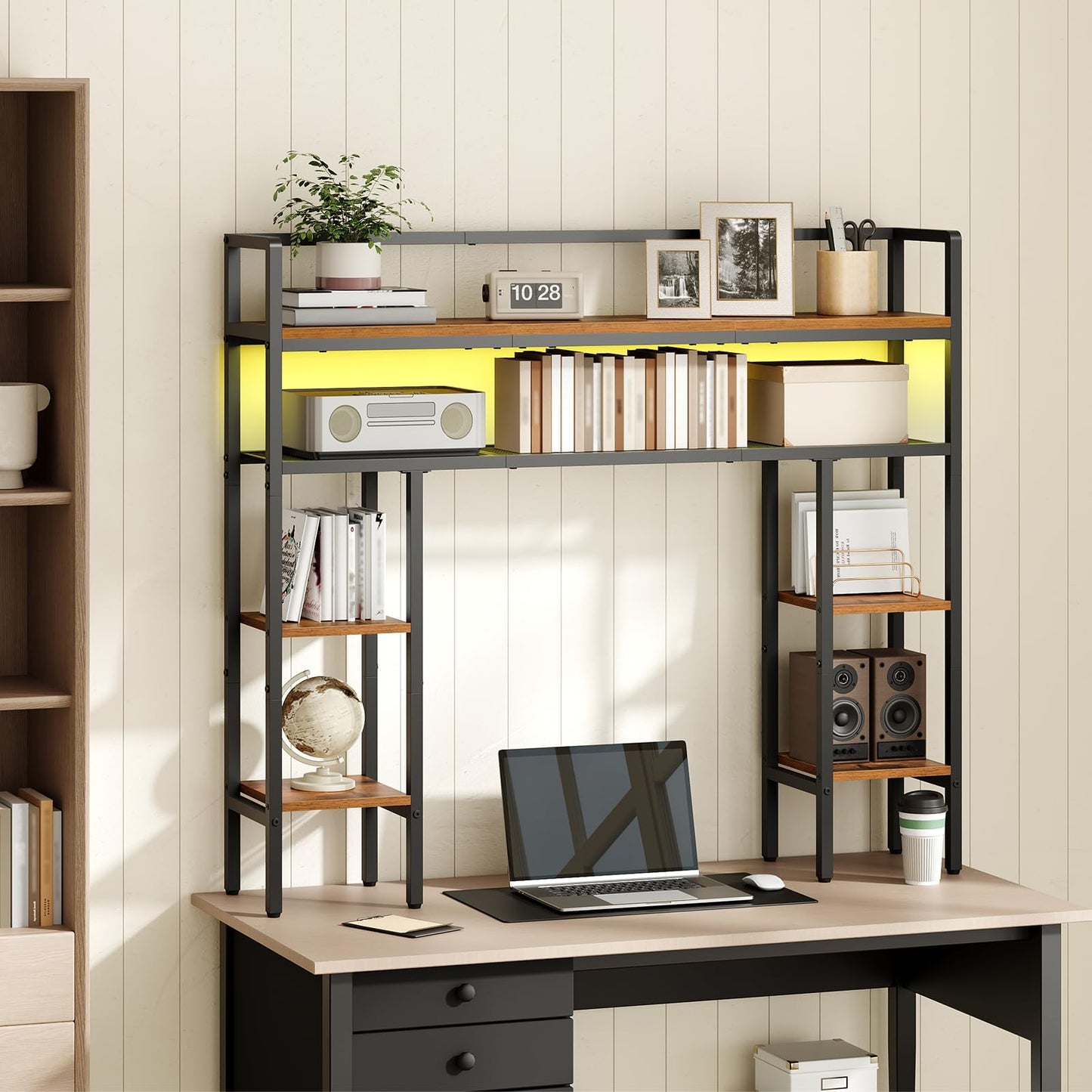 MAHANCRIS Desk Shelf, 43.3" Desk Hutch with Light Strip, Office Desktop Organizer, 5 Tier Desktop Bookshelf for Computer Monitor, Storage Rack for Study, Home Office, Rustic Brown DSHR9801