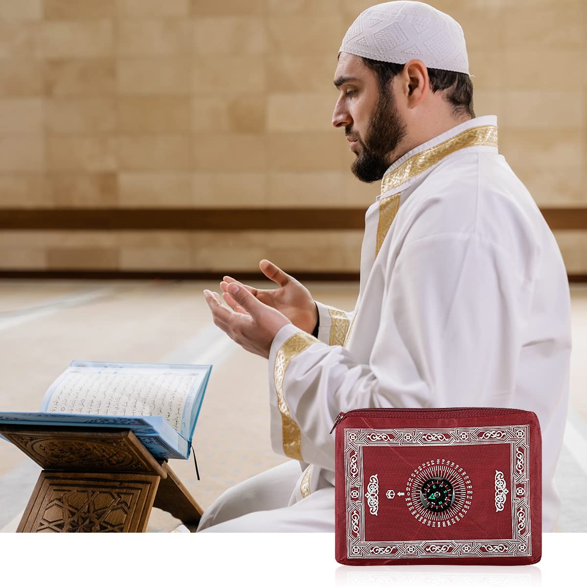 Travel Prayer Mat Rug, GLADPRESIT Portable Pocket Mat with Compass, 60 x 100cm Waterproof Praying Rug (Red)