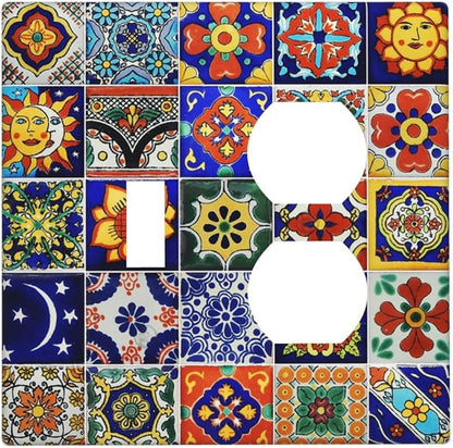 Decorative Light Switch Cover Plate Traditional Colorful Talavera Mexican Spanish Moroccan Tiles 2 Gang Outlet Covers 1 Toggle 1 Duplex Wall Plate Decorate Electrical Switch Plate Covers for Kitchen