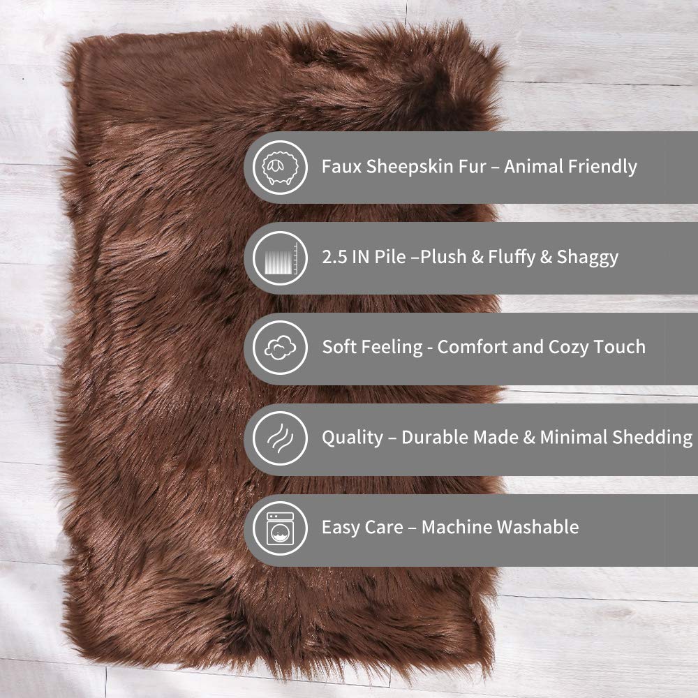 Carvapet 2x4 Faux Fur Rug - Brown Faux Sheepskin Shaggy Area Carpet Plush Chair Cover, Soft Suede Backing Machine Washable Mat for Bedroom Living Room
