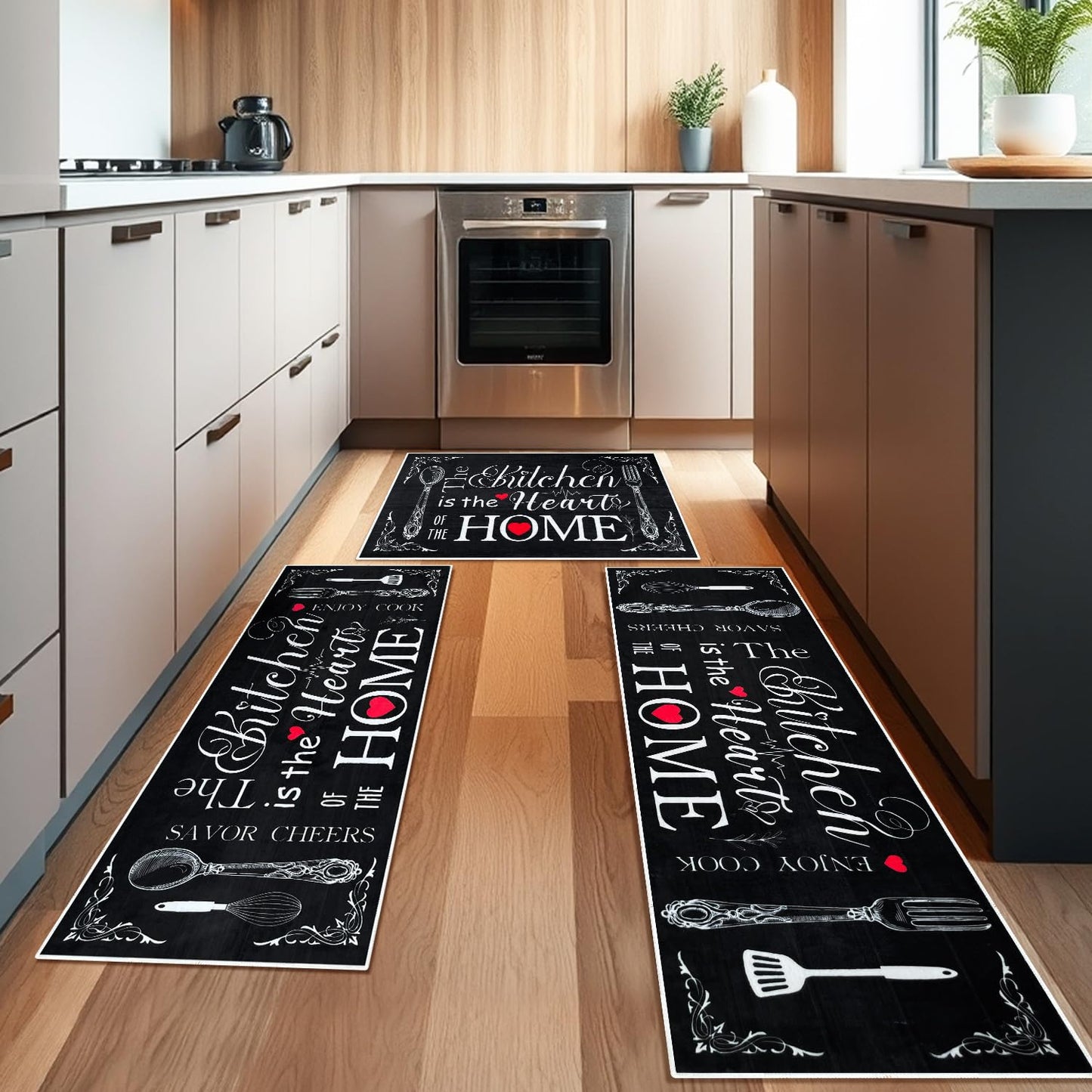 Farmhouse Kitchen Rugs 3 Piece Set, Washable Non-Slip Area Rugs and Mats, Rustic Runner Carpets for Kitchen Floors, Laundry Rooms and Hallways (Black, 20"x32"+20"x47"+20"x59")
