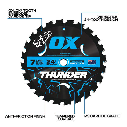 OX Pro Thunder 7-1/4 Inch Circular Saw Blade for Wood Cutting | Professional 24 Tooth Carbide Construction with 5/8 Bore - Saw Blades Compatible with Skill Saw & Table Saw Anti Friction Finish