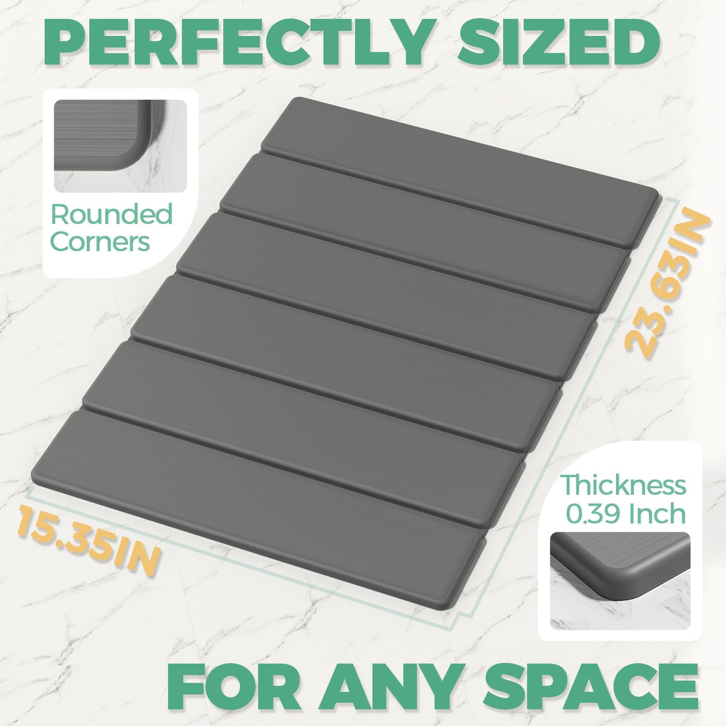 SYIPO Stone Bath Mat - Non-Slip Foldable Diatomite Bath Mat 23.6 x 15.3”, Super Absorbent & Quick Drying Bathroom Mat | Easy to Clean Shower Floor Mat, Dark Gray