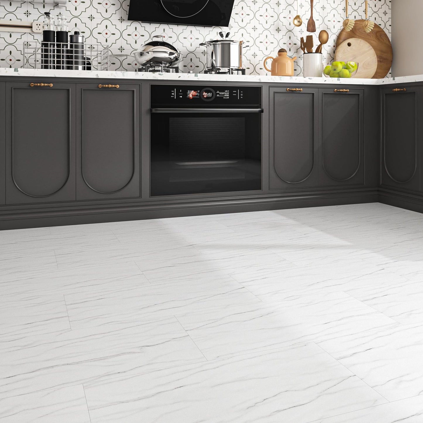 FunStick 12"x24" 15 Pcs White Marble Vinyl Flooring Peel and Stick Floor Tile Waterproof Removable Peel and Stick Flooring for Bathroom Stick on Floor Tiles for Kitchen Bedroom Laminate Sheets Walls