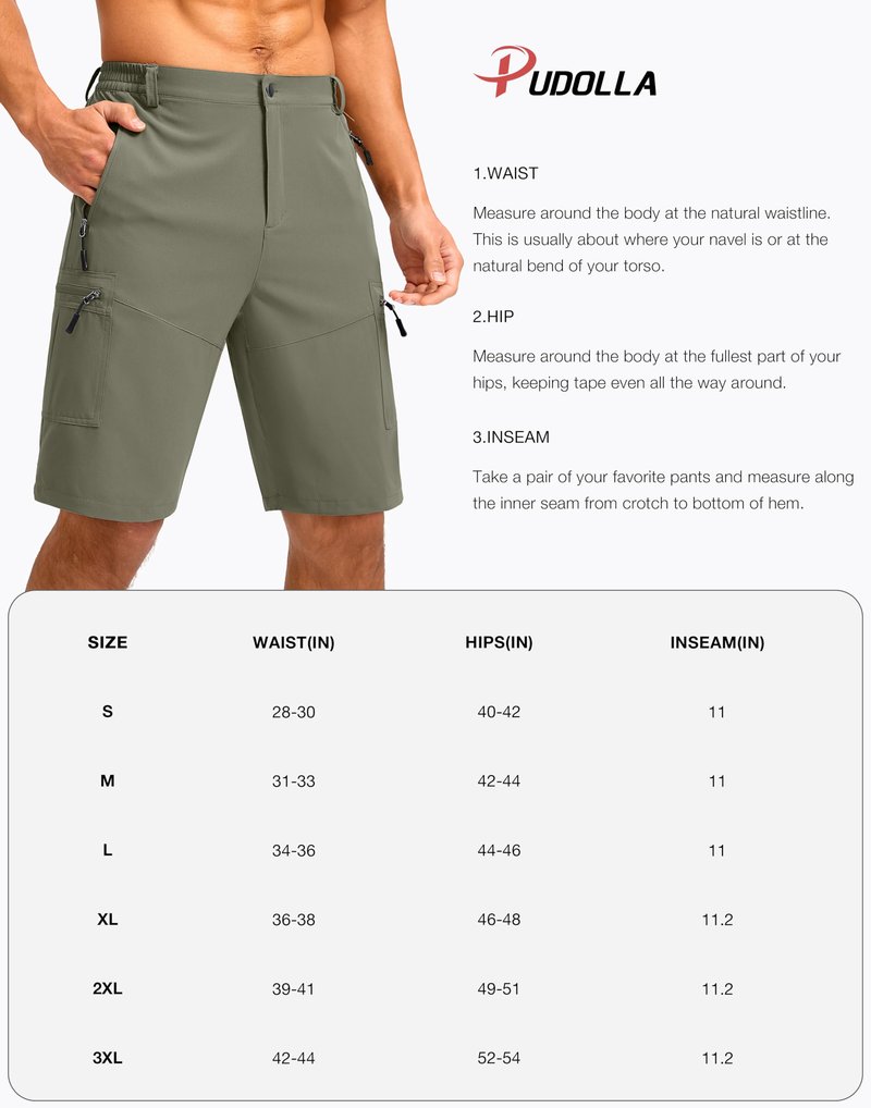 Pudolla Men's Hiking Shorts 11" Lightweight Cargo Work Shorts for Men Summer Travel Golf Casual Outdoor with 5 Pockets(Dark Khaki XX-Large)
