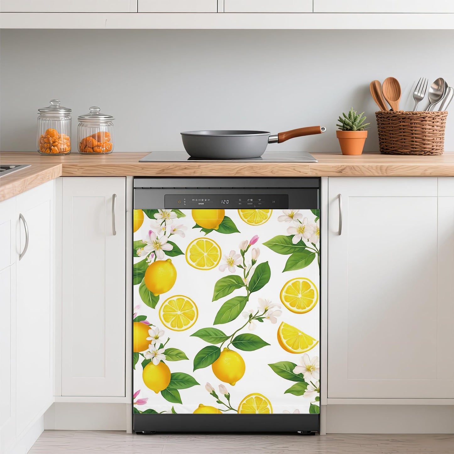 Dishwasher Cover,Lemon Fruit Reusable Dishwasher Magnet Cover,Decorative White Flowers Magnetic Refrigerator Cover Front Panel Cover for Kitchen Decor 23x26 Inch
