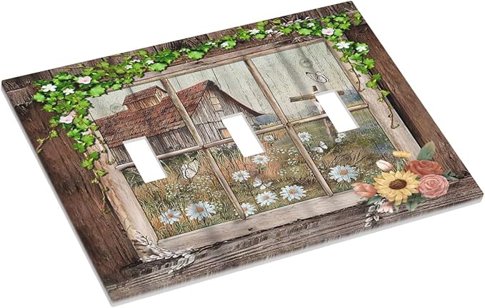 Farm Barn Farmhouse Rustic Country Flower 3 Gang Wall Plates Decorative Triple Toggle Light Switch Cover Electrical Switchplate Unused Decorate Faceplate for Bathroom Home