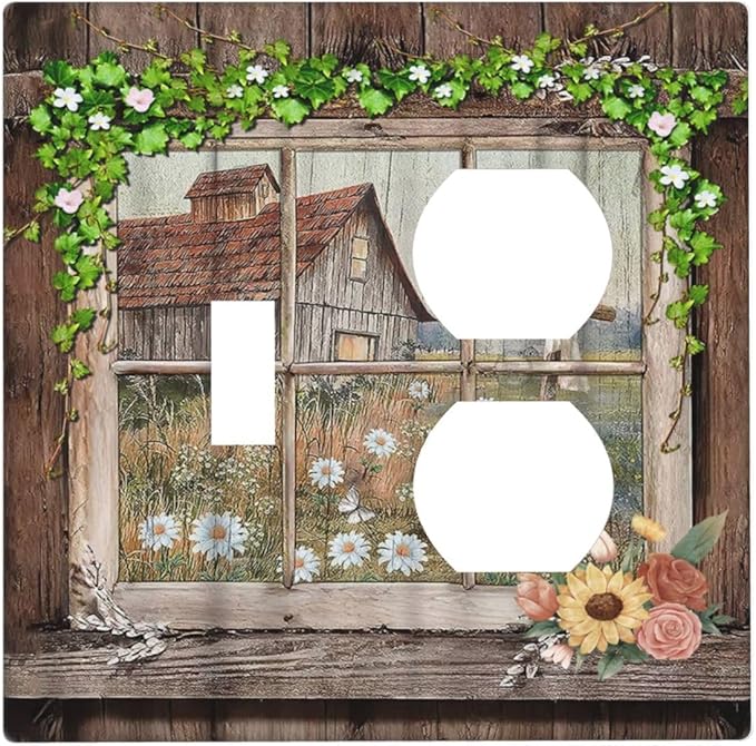 Decorative Light Switch Cover Plate Farm Barn Farmhouse Rustic Country Flower 2 Gang Outlet Covers 1 Toggle 1 Duplex Wall Plate Decorate Electrical Switch Plate Covers for Bathroom Home