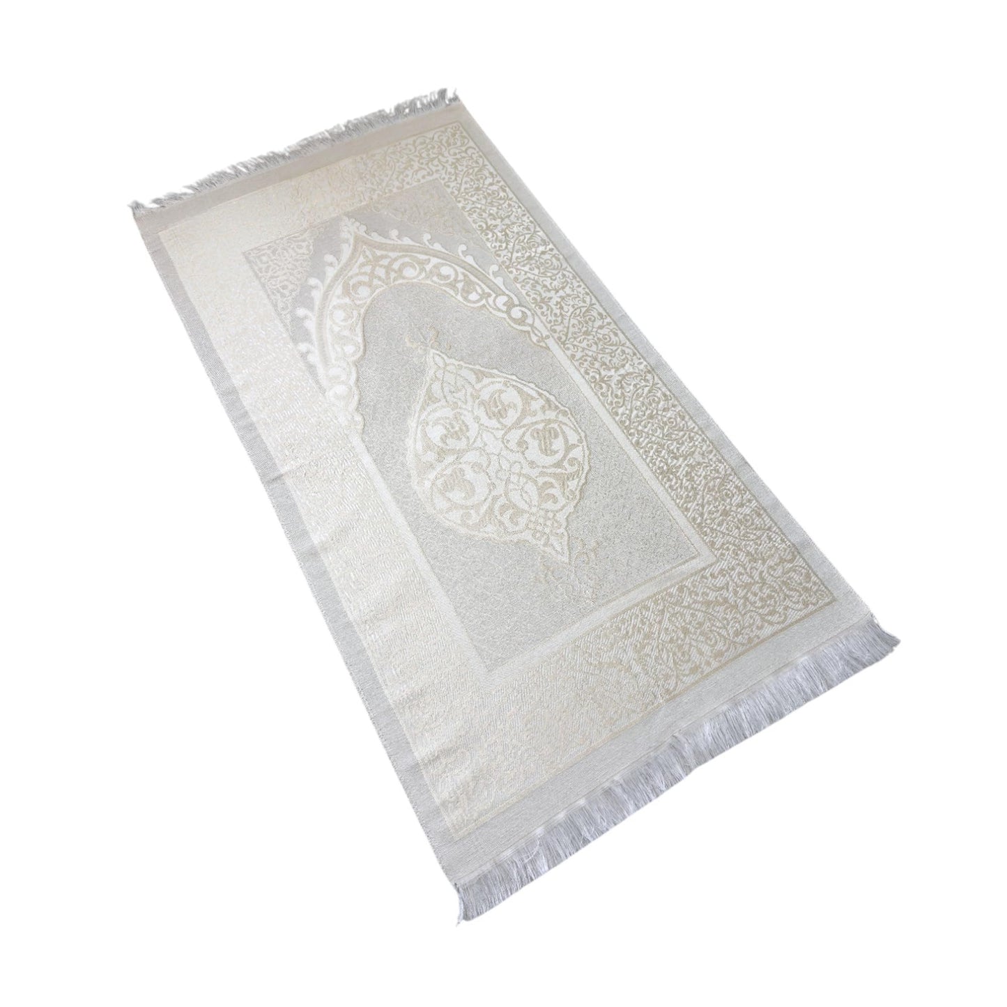 FURKAN Muslim Prayer Rug & Beads Set with Stylish Cylinder Gift Box Janamaz Sajadah Prayer Mat Perfect Islamic Spiritual Gift for Ramadan Islamic, Cylinder Gift Box - Model 2 - White