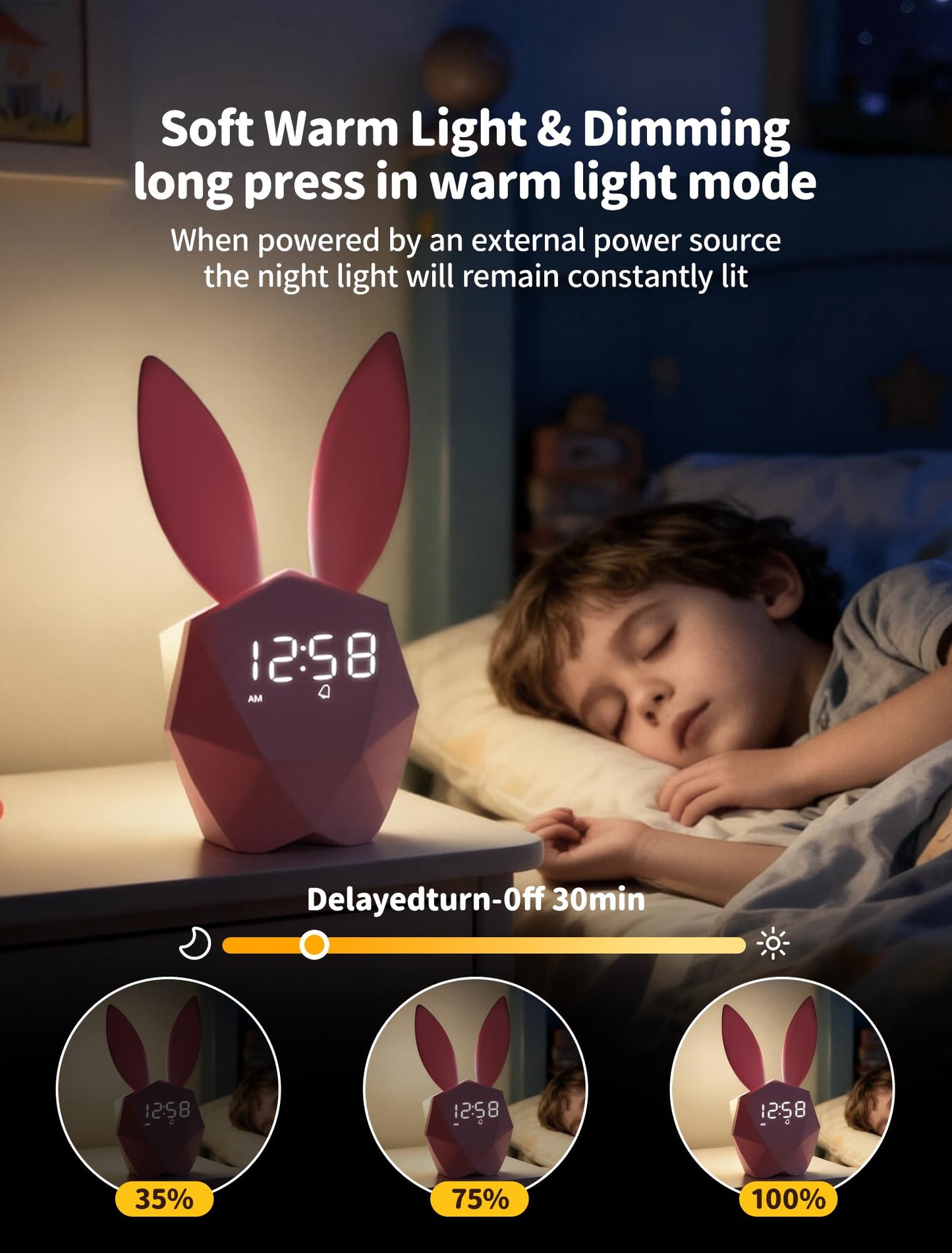 MASHI Bunny Kids Alarm Clock for Girls, Pink Alarm Clock with Night Light & Snooze, Sound Activated Digital Clock, 5 Ringtones & Adjustable Volume,Gift Ideas for Kids Girls Teens Room Decor (Pink)