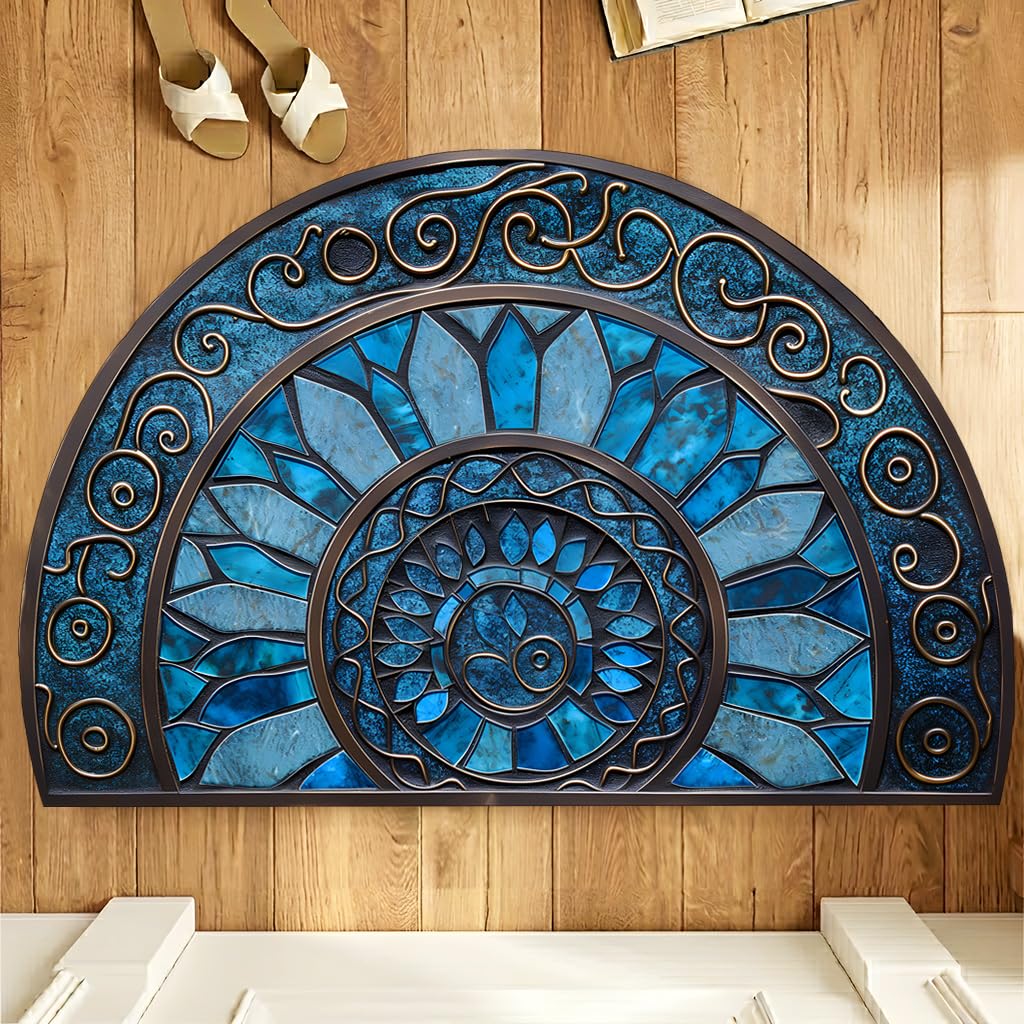 Half Round Door Mat 35.4 x 23.6 Inch, Non Slip Washable Semicircle Entryway Rug, Blue Mosaic Floor Mat for Front Door Kitchen Bathroom Patio(Blue, 35.4 x 23.6inch)
