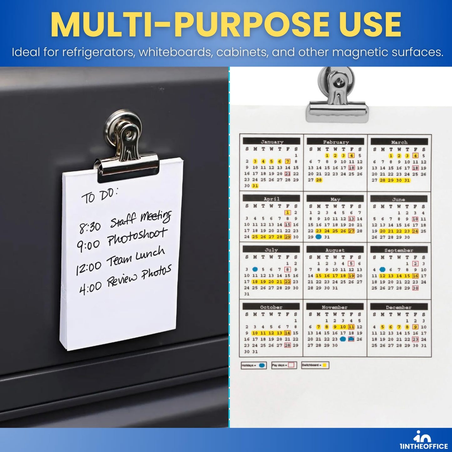 1InTheOffice Magnetic Clips for Refrigerator, Heavy Duty Refrigerator Bulldog Magnet Grip Clips, No. 2, 2.3" Width, 12 Pack, Silver