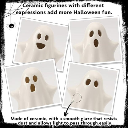 4PCS Ceramic Ghost Light Up Decor, Cute Ghost Halloween Decor, Small White Ghost Figurine Timer Led Ghost Figurines for Desk Tabletop Centerpieces，Halloween Decoration Indoor