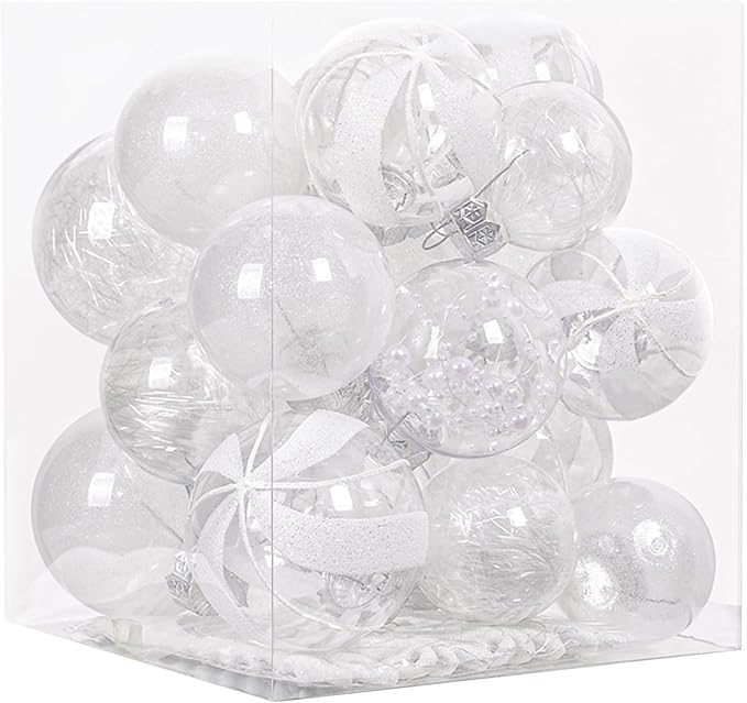 XmasExp 32ct Christmas Ball Ornaments Set -White Clear Plastic Shatterproof Xmas Tree Ball Decorations Hanging Baubles for Holiday Decor