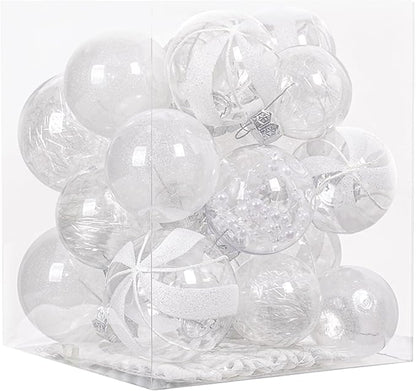 XmasExp 32ct Christmas Ball Ornaments Set -White Clear Plastic Shatterproof Xmas Tree Ball Decorations Hanging Baubles for Holiday Decor