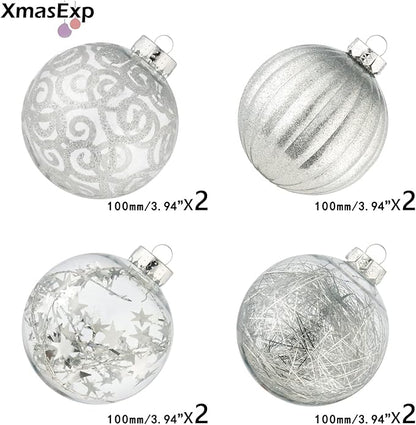 XmasExp 8ct Christmas Ball Ornaments Set -Large Clear Plastic Shatterproof Xmas Tree Ball Hanging Baubles Stuffed Delicate Glittering for Holiday Wedding Xmas Party Decoration (100mm/3.94",Silver)