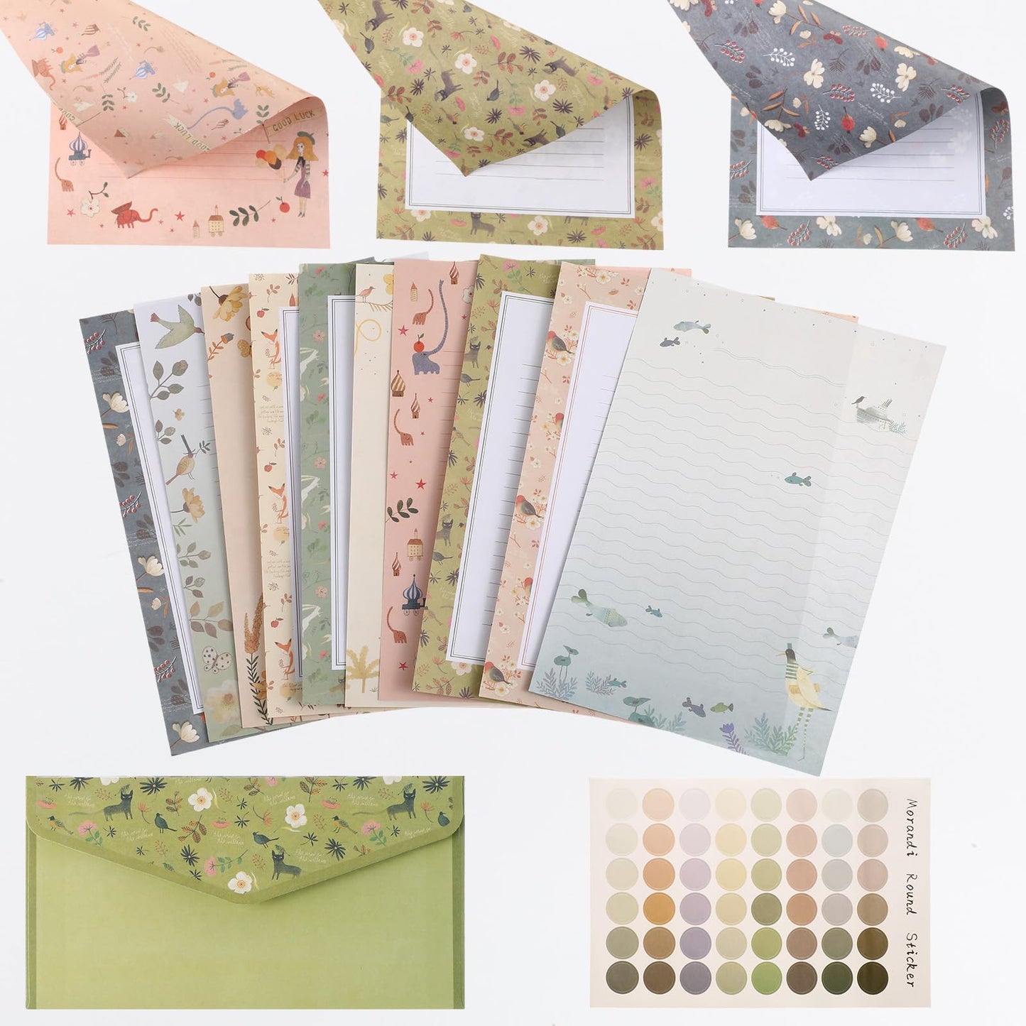 Laumoi 180 Pcs Stationery Papers and Envelopes Set Includes 60 Stationery Envelopes 120 Lined Stationery Writing Paper with 96 Colorful Round Dot Stickers, 10 Designs (Greenery)