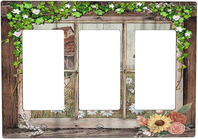 Farm Barn Farmhouse Rustic Country Flower Triple Rocker/Decora Wall Plate 3 Gang Light Switch Outlet Cover Plate Decorative Switchplate Electrical GFCI Faceplate for Kitchen Bathroom Decor